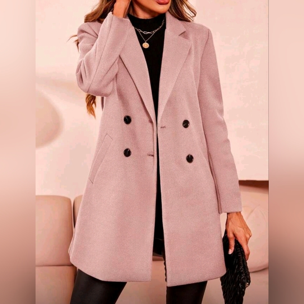 New Chic Double Breasted Mid Length Pea Coat Jacket Dusty Pink